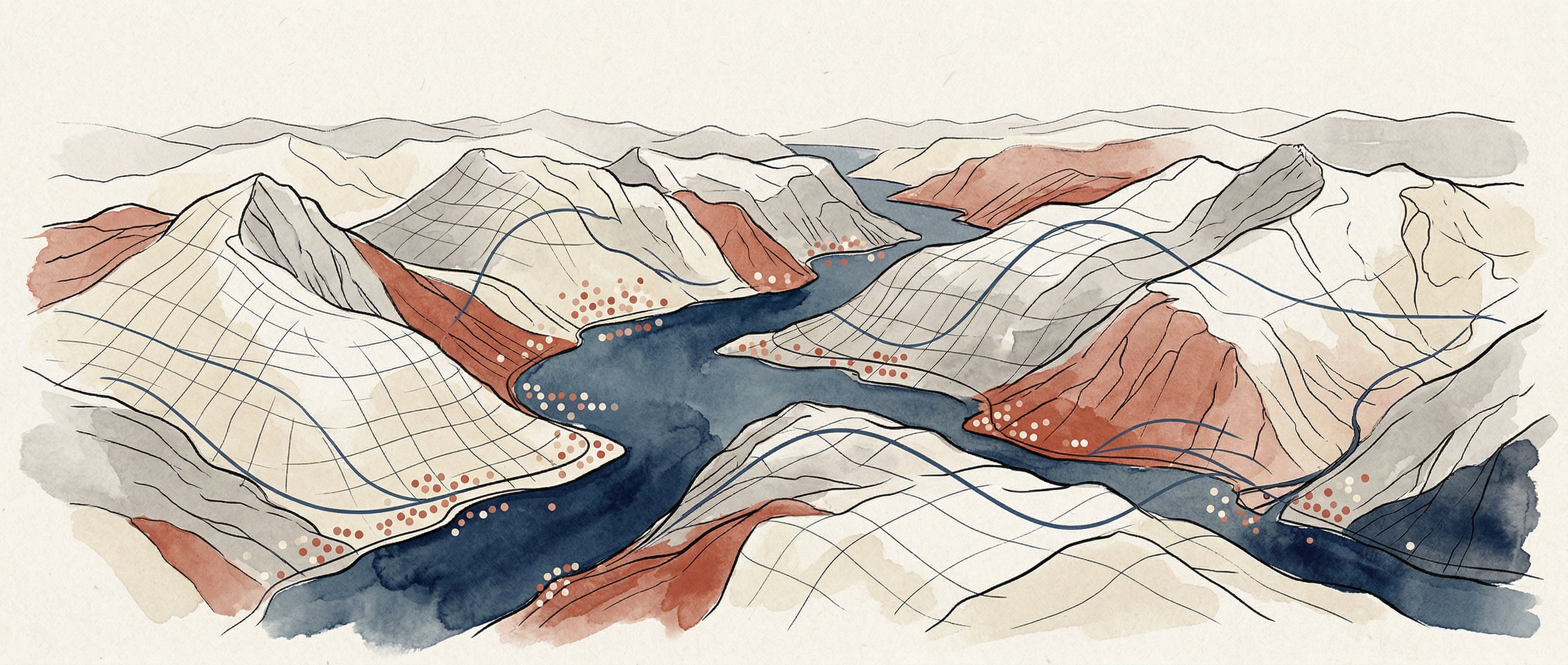 Editorial illustration of Norwegian fjords with abstract data visualization elements — grid lines, scatter plots, and trend curves woven into a watercolor mountain landscape