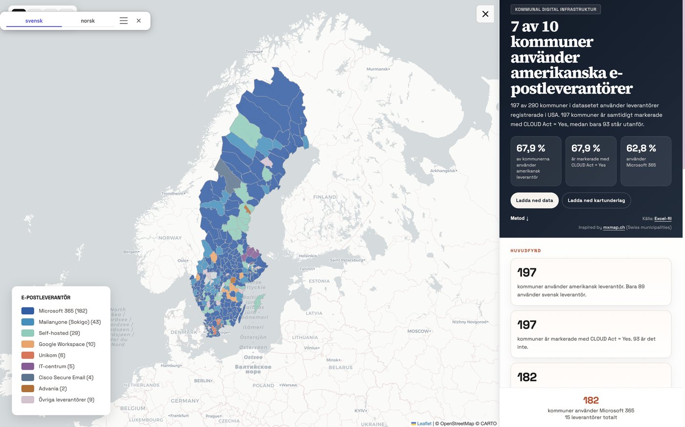 Map of Swedish municipality email providers