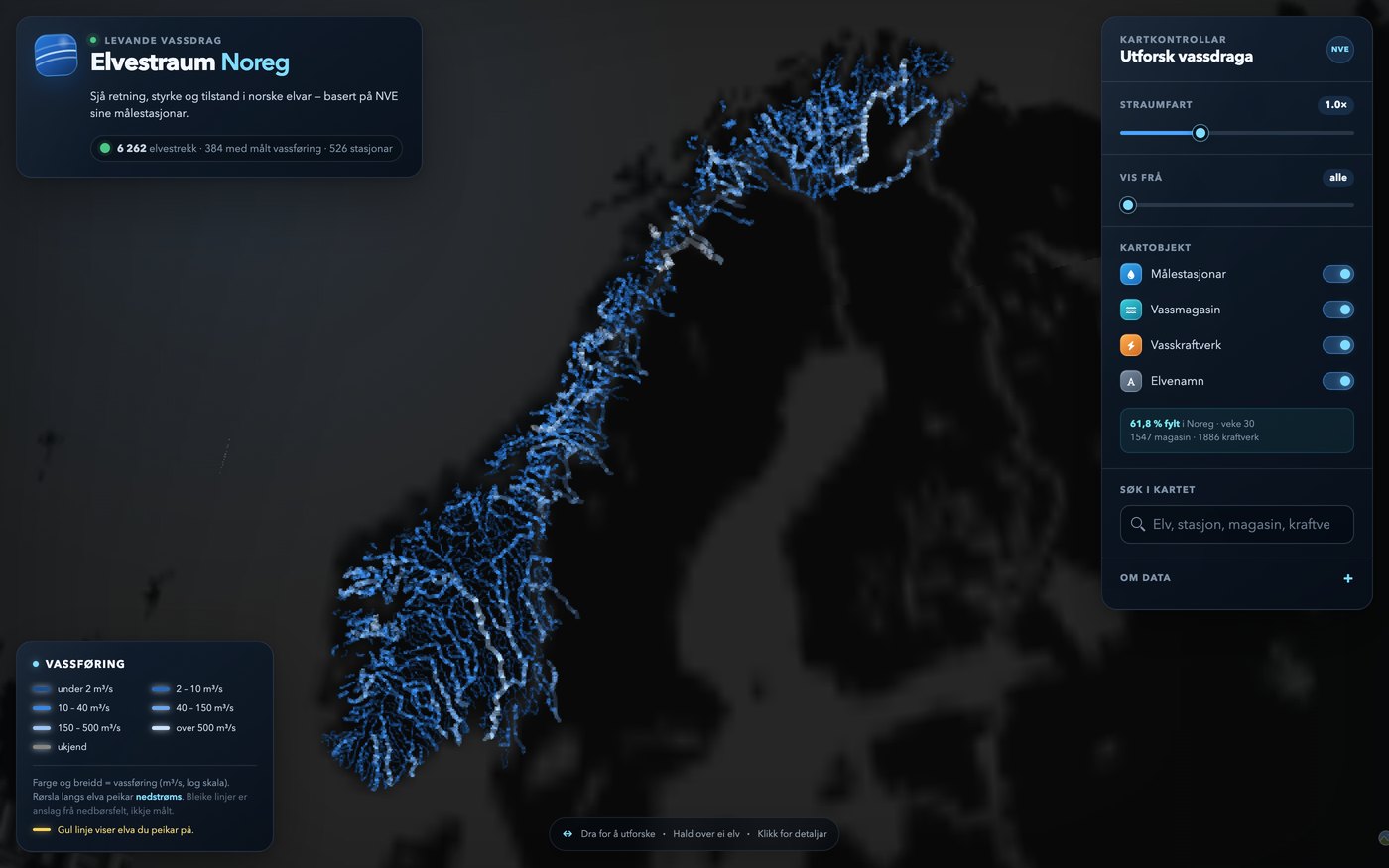 Cesium 3D globe showing water flow in Norwegian rivers