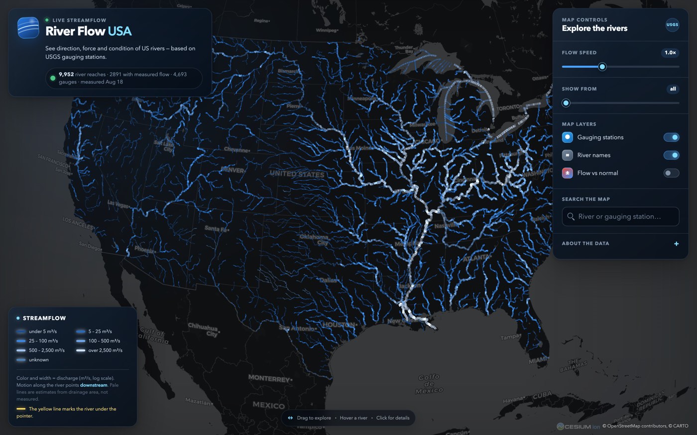 Cesium 3D globe showing streamflow in US rivers