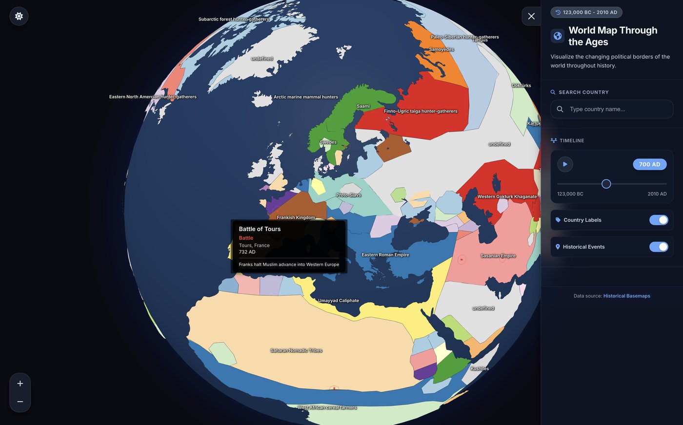 3D globe showing historical borders