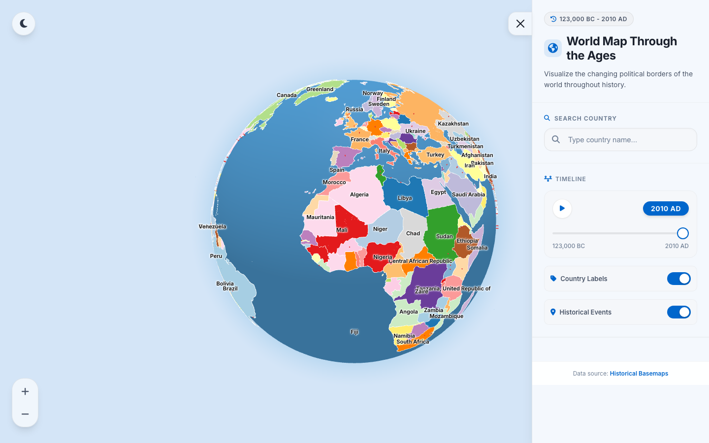 3D globe showing historical borders