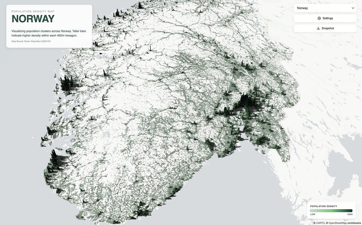 3D hex map of world population density